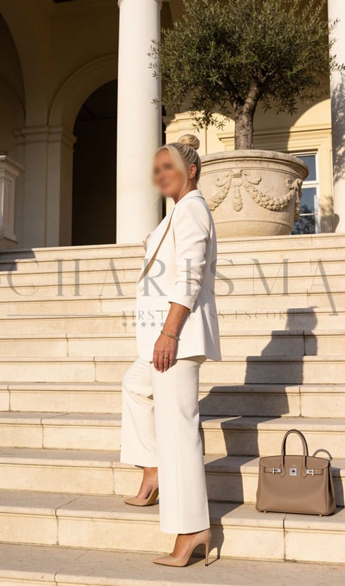 Attractive escort lady in stylish white business attire on the steps of an elegant building, perfect companion for sophisticated occasions.