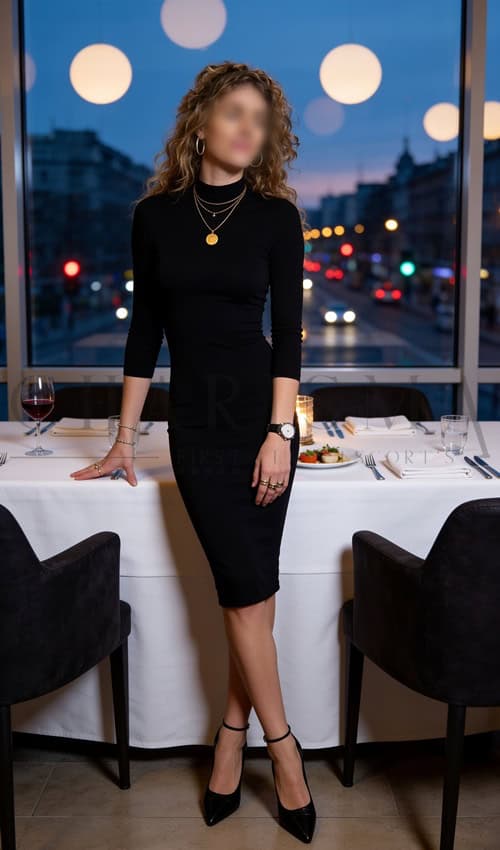 Attraktive Escort Dame in eleganter schwarzer Kleidung in einem stilvollen Restaurant mit Blick auf die Stadt bei Sonnenuntergang.